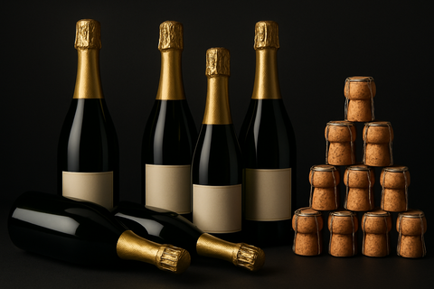 Bild mit Hintergrund in OFFBLACK und mehreren Sektflaschen stehend und liegend und einem Stapel Sektkorken 