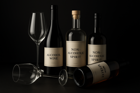 Bild mit OFFBLACK als Hintergrundfarbe und im Vordergrund mehrerer Flaschen Alkoholfreier Wein und Spirituouse und ein Weinglass stehend und ein Weinglas liegend 