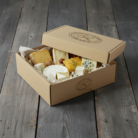 Käse Abobox – geöffnet mit Käsesorten auf Holzhintergrund